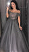 Sparkly Gray Off-shoulder Beads Top A-line Long Prom Dress, PD3347