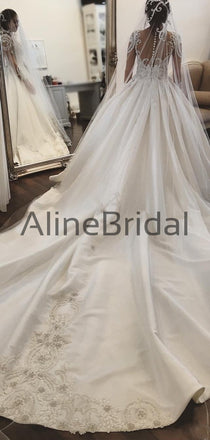 Gorgeous Long Sleeves Lace Applique A Line With Train Long Wedding Dresses, WD1114