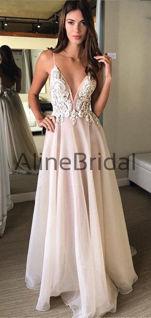 Simple Spaghetti Strap Backless Lace Chiffon Long Beach Wedding Dresses, WD1116