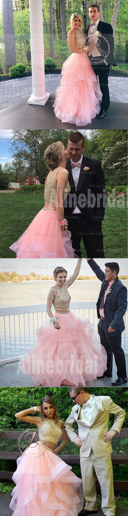 Two Pieces Light Pink Organza Golden Lace V-back Ruffles Ball Gown  Prom Gown Dresses,PD00035